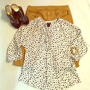 White blouse with Gold and Blue polka dots